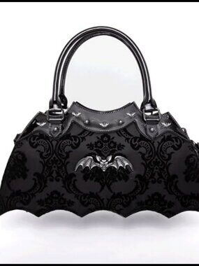 Damask Velvet Bat Shaped Satchel Handbag with Gunmetal Embellishments & Strap